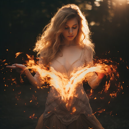 Beautiful girl with long wavy hair in a white lace dress is holding a fire in her hands.の素材