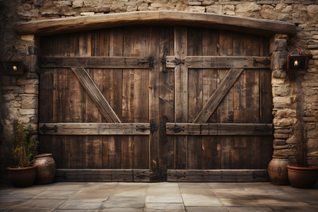 Old wooden door in a stone wall. 3d rendering, toned imageの素材