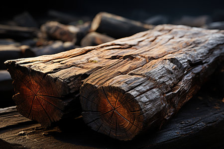 Wooden logs on a dark background. Close-up. Selective focus.の素材