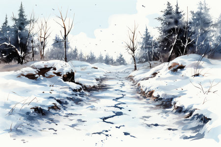 Winter landscape with snow on the ground. Digital watercolor painting.の素材