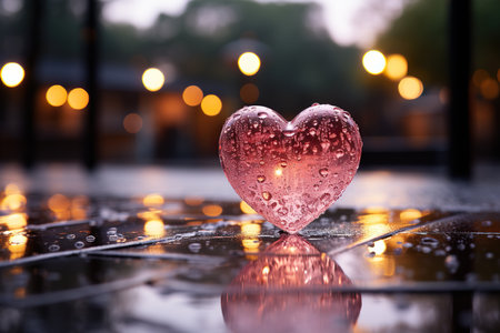 Heart shaped candle on the wet pavement with bokeh background.の素材