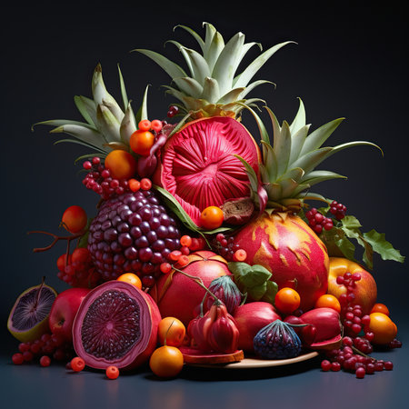 Fruits and vegetables on a black background. Healthy food concept.の素材
