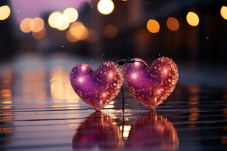Two hearts on the background of the night city with bokeh.の素材