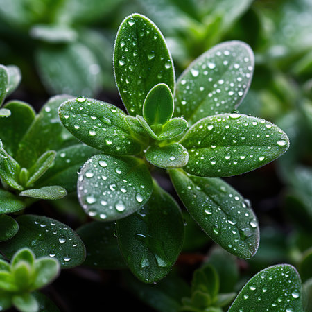 Close up of small green plants with dew drops. Nature backgroundの素材