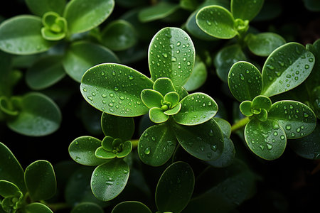 Green leaves with water drops, close-up. Nature background.の素材