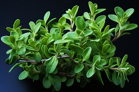 Fresh thyme twigs on a black background. Studio shot.の素材