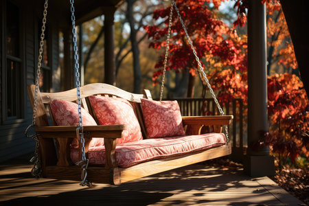 Wooden swing with pillows on the porch of a country houseの素材