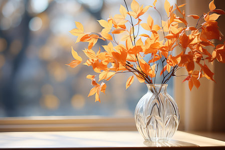 Vase with beautiful autumn leaves on window sill. Fall season conceptの素材