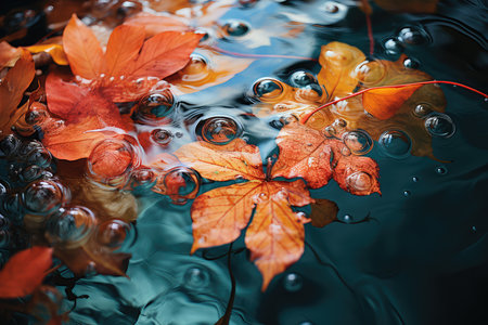 Colorful autumn leaves in water with ripples. Abstract background.の素材