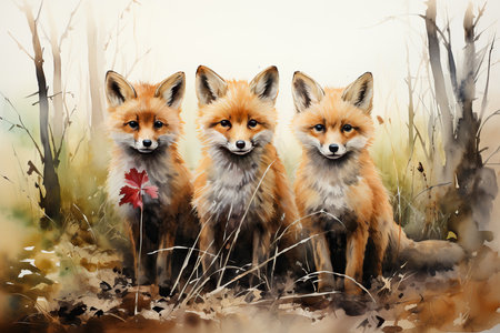Four red foxes sitting in the forest. Watercolor painting.の素材