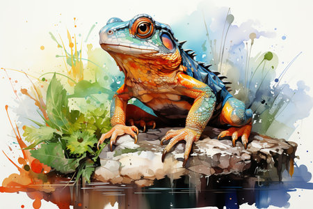 Watercolor painting of a frog sitting on a rock with colorful splashesの素材