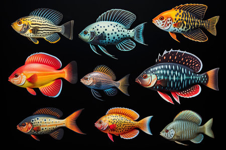 Set of colorful tropical fish, isolated on black background.  illustrationの素材