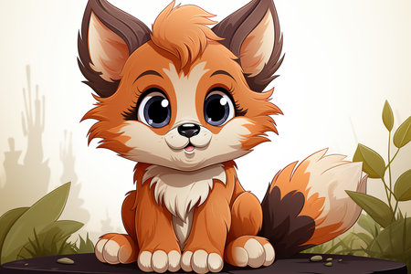 Cute fox sitting in the garden. Vector illustration of cartoon animal.の素材