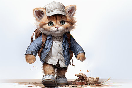 Cute little kitten with a backpack on his back. Vector illustration.の素材
