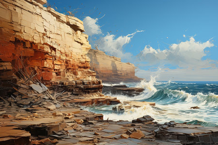 Landscape with ocean waves breaking on rocky coast. 3d illustrationの素材