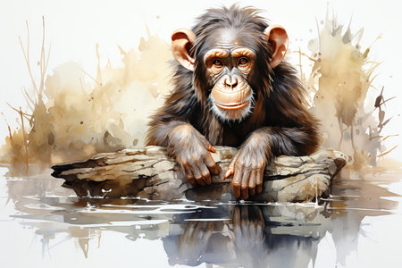 Chimpanzee sitting on a log with watercolor splashesの素材