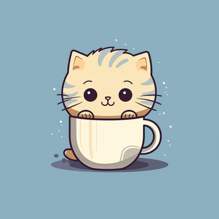 Cute cat with a cup of coffee on a blue background. Vector illustration.の素材
