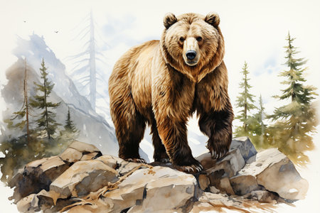 Digital painting of a brown bear standing on a rock in the forestの素材