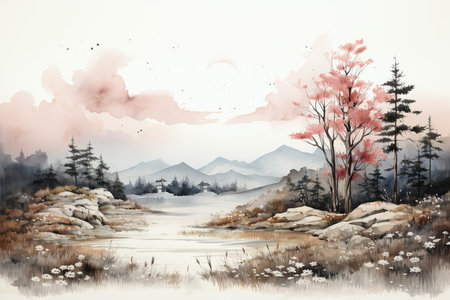 Digital painting of a winter landscape with lake, mountains and trees.の素材