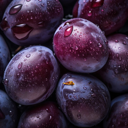 Ripe purple plums with water drops. Close-up.の素材