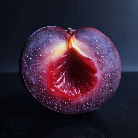 Plum with water drops on a black background. Studio shot.の素材