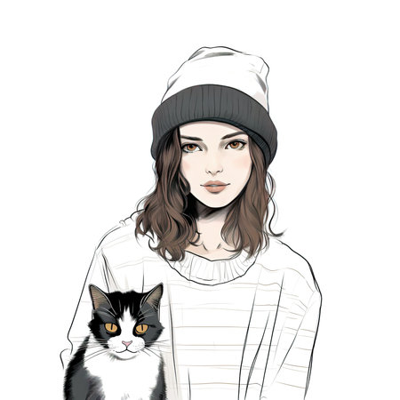Beautiful young woman with a cat in her arms. Vector illustration.の素材