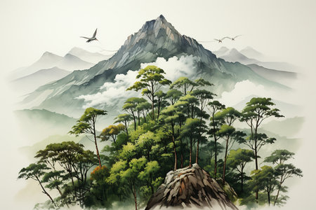 Landscape with mountains, trees and birds. Digital painting illustration.の素材