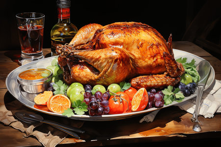 baked chicken on a plate with fruits and wine on a wooden tableの素材