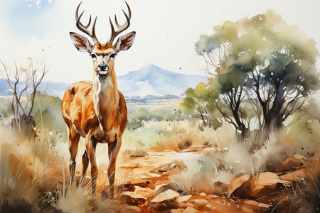 Digital painting of a wild deer in the Okavango Delta, Botswanaの素材