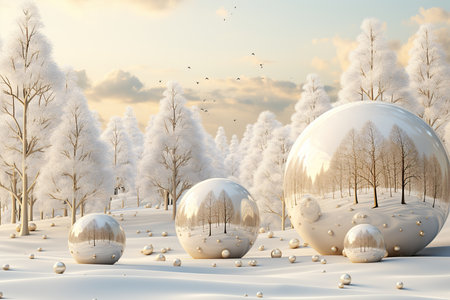 winter landscape with snow-covered trees and balls. 3d renderの素材