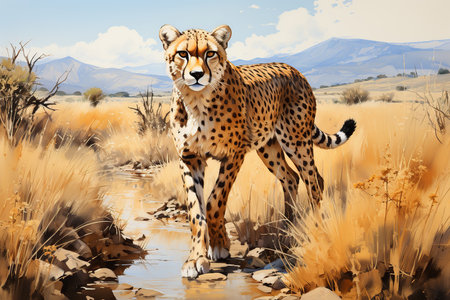 Cheetah in the savannah of Namibia. Digital painting.の素材