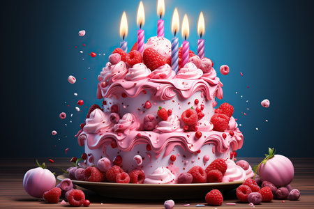 Birthday cake with burning candles and berries on wooden table, 3d renderの素材