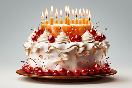 Birthday cake with cherries and burning candles on a gray backgroundの素材