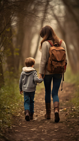 Back view of mother and son walking in autumn forest with backpacksの素材