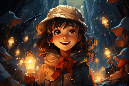 Illustration of a cute girl in a winter forest with lanternsの素材