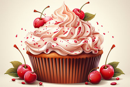 Cupcake with cherries and whipped cream. Vector illustration.の素材