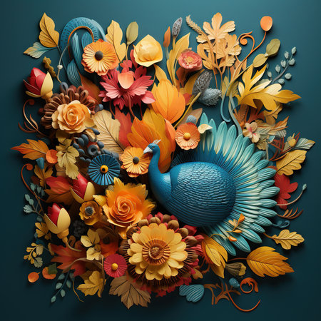 Autumn background with blue bird, flowers and leaves. Vector illustration.の素材