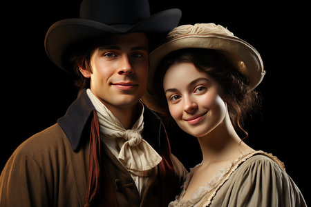 Portrait of a young couple in cowboy hats on a black background.の素材