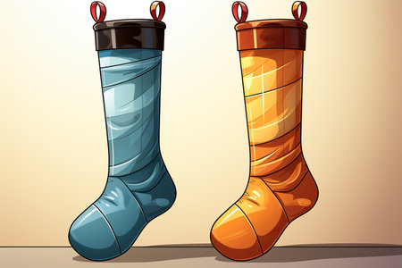 Illustration of a pair of colorful Christmas socks on a brown backgroundの素材
