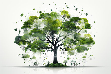 Ecology concept. Green tree on white background. 3D renderingの素材