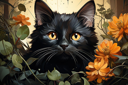 Illustration of a black cat and flowers on a grunge backgroundの素材