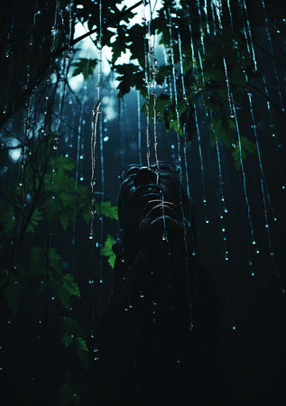Silhouette of a man in the rain forest at night.の素材