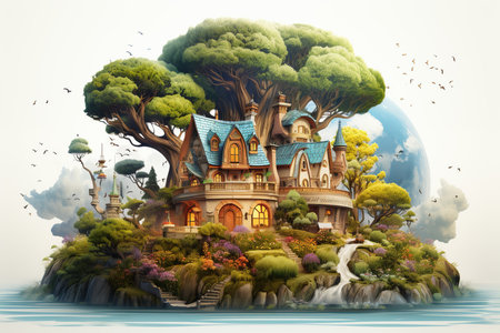 Fantasy landscape with a fairy tale house on the island. 3d illustrationの素材