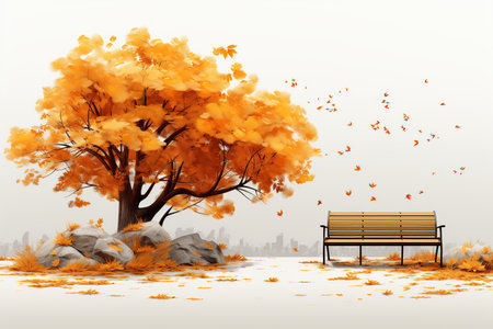 Autumn landscape with yellow maple tree and bench. Vector illustration.の素材