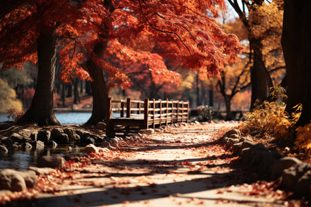 Autumn park with red maple trees and wooden bridge in the backgroundの素材