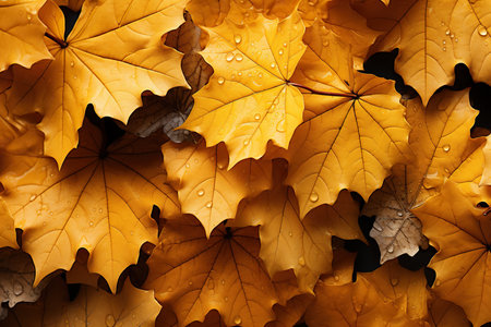 Autumn maple leaves with water drops on black background, closeupの素材