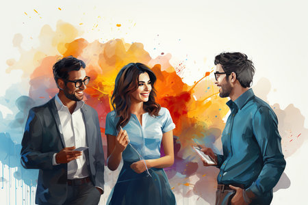 Group of happy young business people in smart casual wear working together with digital tablet and mobile phone on colorful watercolor background. Teamwork conceptの素材