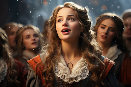 Portrait of beautiful young woman with long curly hair in medieval style clothesの素材