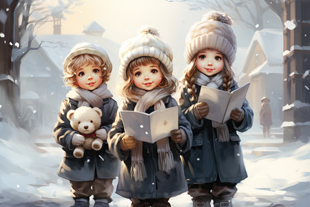 Cute little girls in winter clothes reading a book. 3D renderingの素材