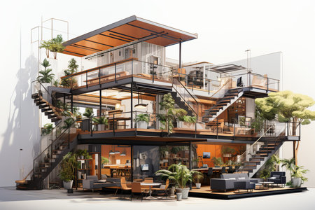 3D rendering of a modern house with a terrace and a balconyの素材
